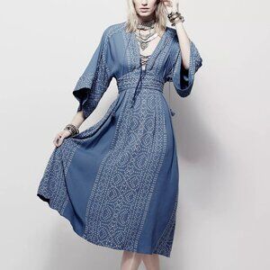 Free People MODERN KIMONO $168 Denim Combo Lt Blue Lace Up Maxi Dress NWT Boho 8